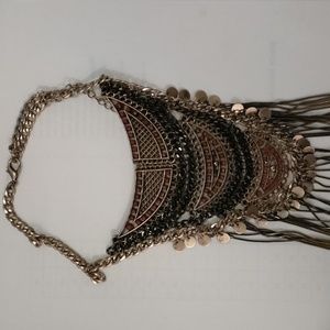 Red bead and metal fringe necklace